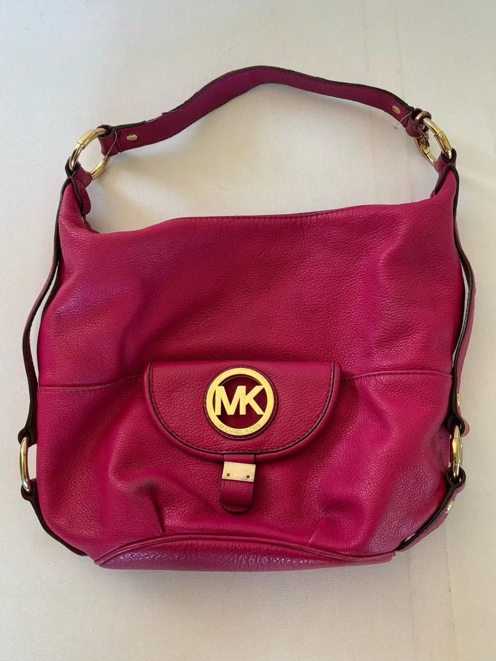 Michael Kors Fulton Large Leather Hobo Shoulder Bag Pink Gold Logo Purse